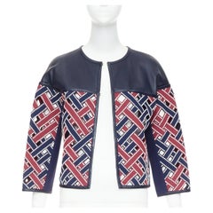 LOUIS VUITTON 2012 Runway navy red sequinned cut out woven leather jacket FR36 S