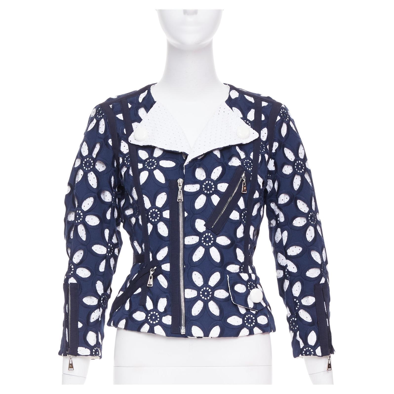 LOUIS VUITTON 2012 Runway navy white floral embroidery anglais biker jacket FR38