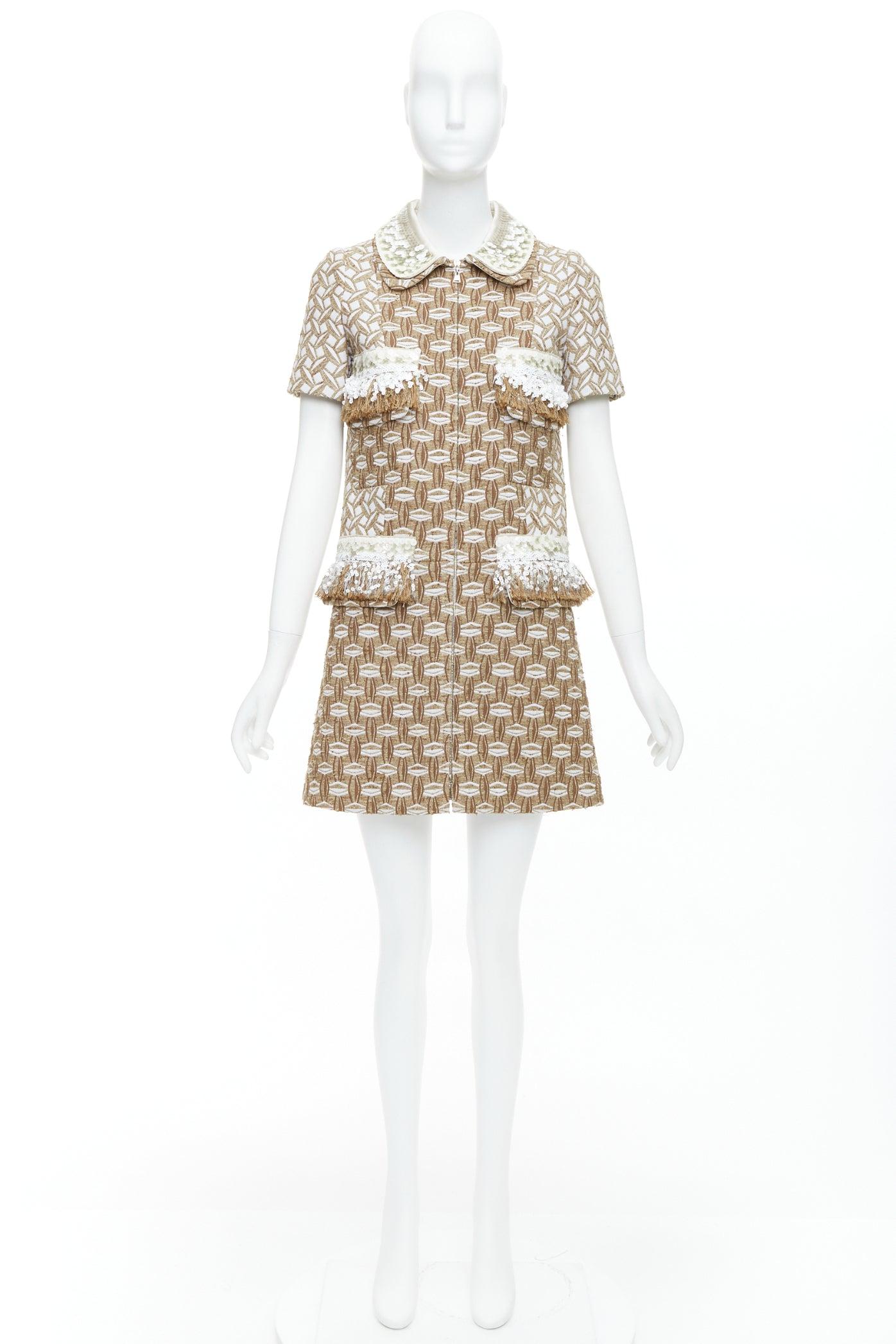 LOUIS VUITTON 2013 Runway beige sequin fringe wool boucle coat dress FR36 S 5