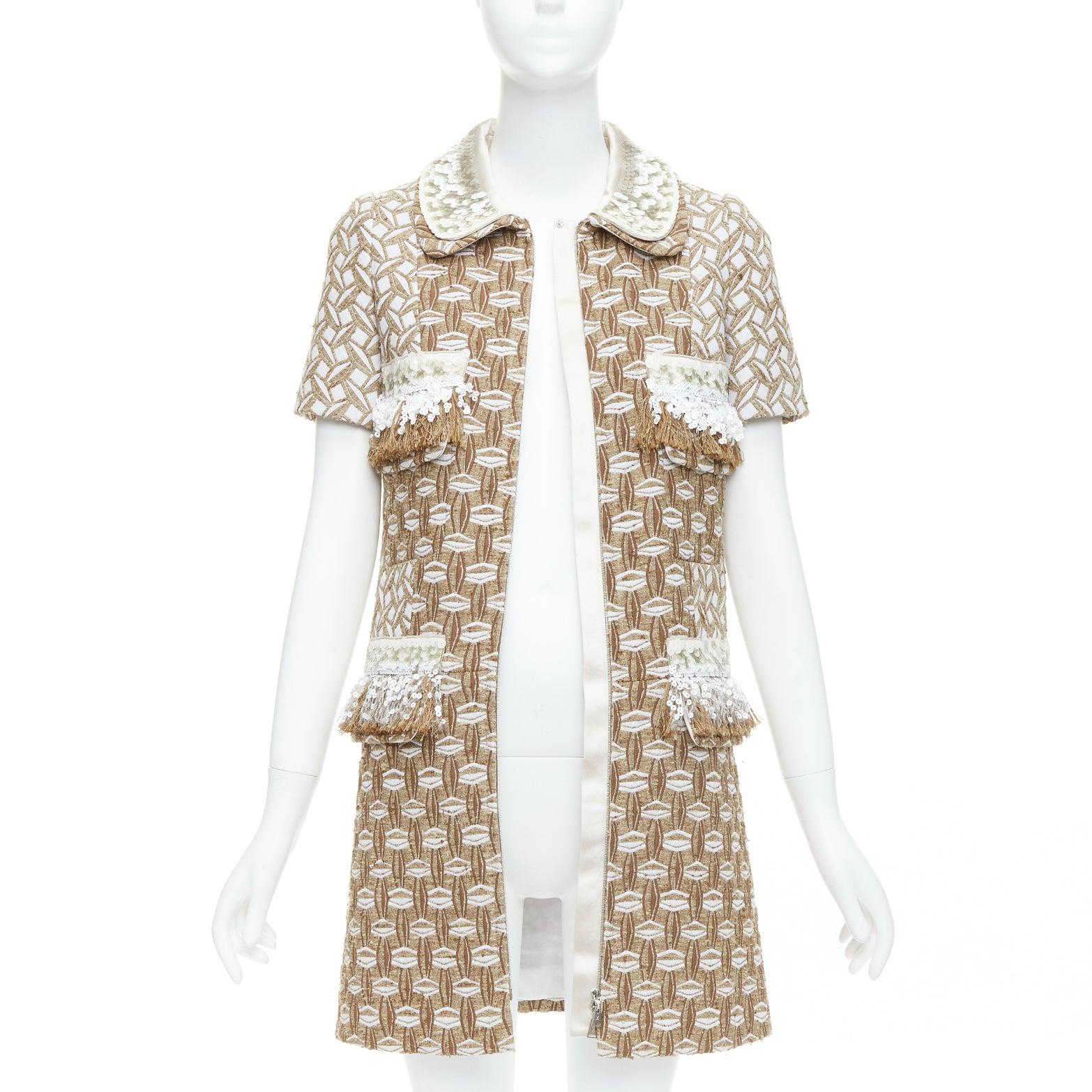 Beige LOUIS VUITTON 2013 Runway beige sequin fringe wool boucle coat dress FR36 S