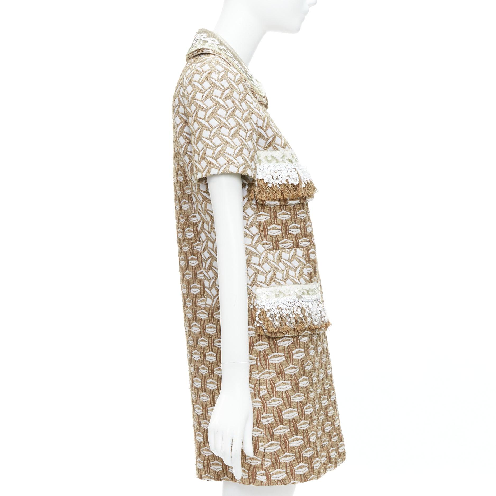 Women's LOUIS VUITTON 2013 Runway beige sequin fringe wool boucle coat dress FR36 S