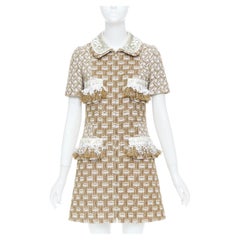 LOUIS VUITTON 2013 tan tweed sequin fringe collar zip front mini dress FR40 L