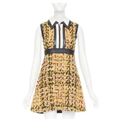 LOUIS VUITTON 2014 Runway yellow quilted tweed boucle black patent dress FR38 M