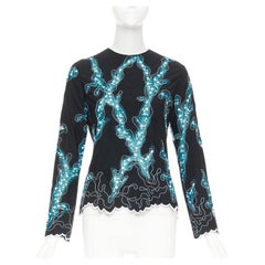 LOUIS VUITTON 2015 Runway black blue embroidered anglais scallop hem top FR38 M
