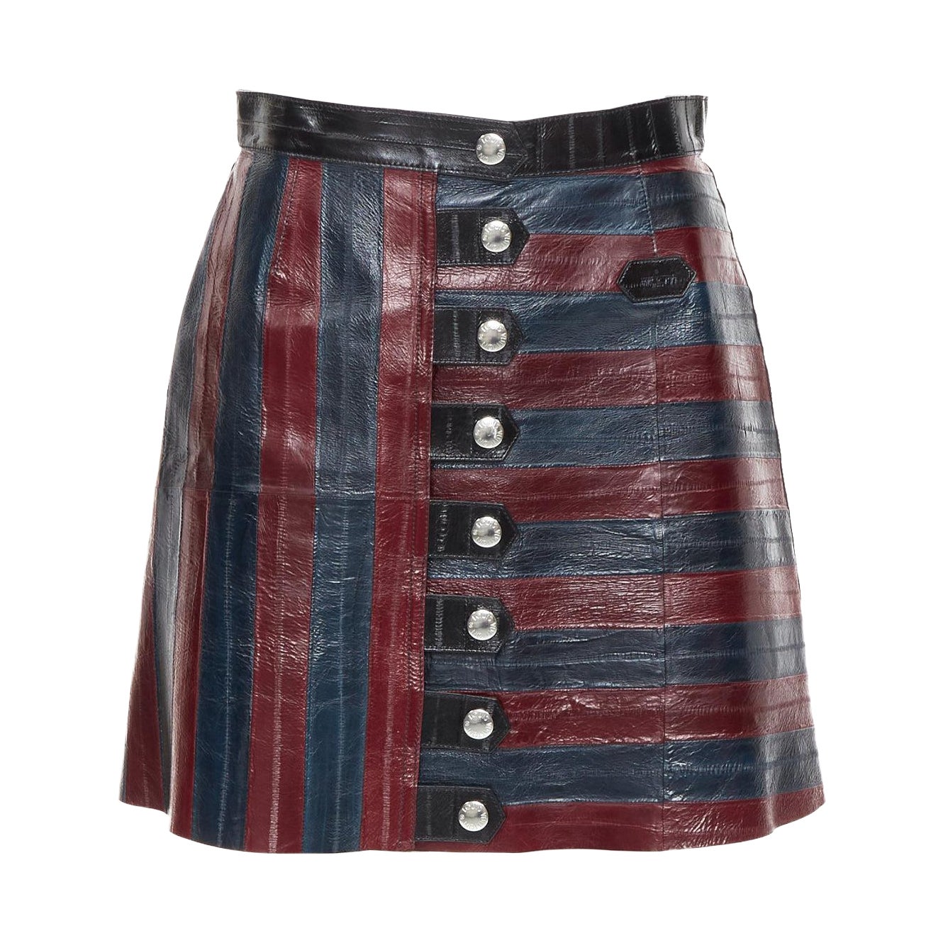 LOUIS VUITTON 2015 Runway burgundy navy eel leather patchwork skirt FR38 M en venta