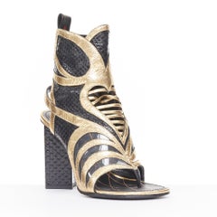 LOUIS VUITTON 2015 Runway Glam Rock python metallic cutout block heel sandals