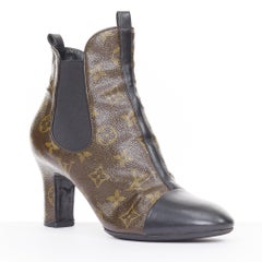 LOUIS VUITTON 2016 Revival monogram canvas patent cap toe Chelsea boots EU38 US8