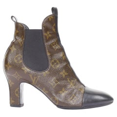 LOUIS VUITTON 2016 Revival monogram canvas patent cap toe Chelsea boots EU38 US8