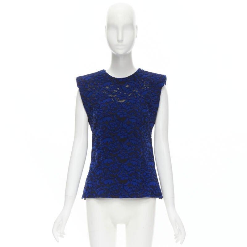 LOUIS VUITTON 2017 Pasarela azul cobalto floral efecto terciopelo chaleco de encaje FR36 XS en venta 6