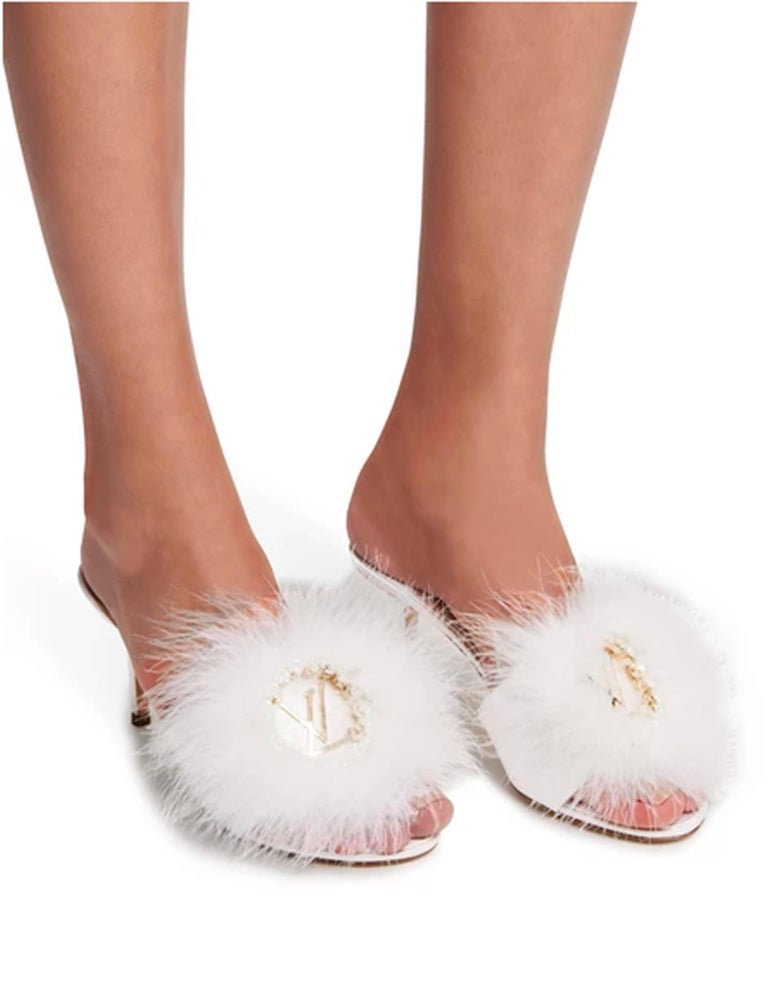 Louis Vuitton 2018 Blanc White Marabou Feather LV Marilyn Mules sz 39 rt.  $970 For Sale at 1stDibs