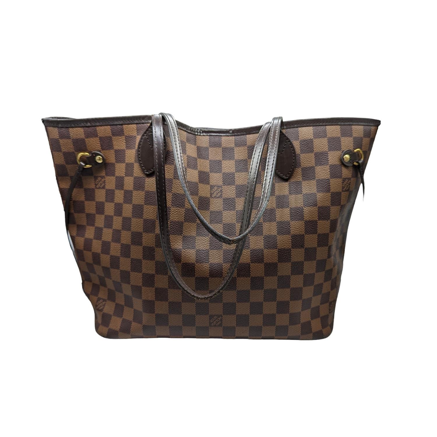 This chic tote is crafted of classic Louis Vuitton Damier in brown on coated canvas. The shoulder bag features chocolate brown cowhide leather trim, shoulder straps, side cinch cords, and has polished brass hardware. The top is open to a striped