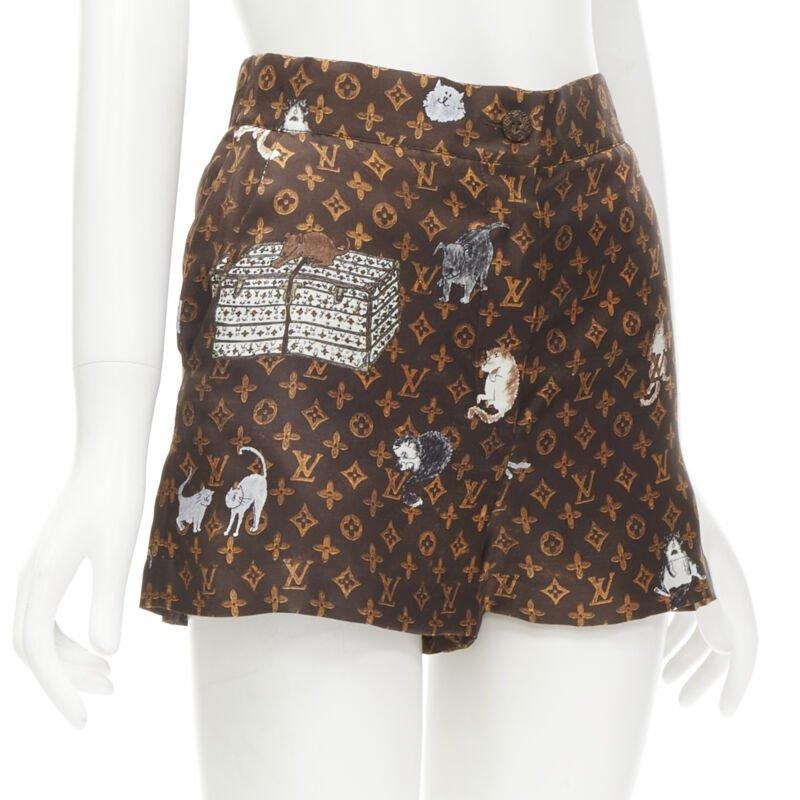 Brown LOUIS VUITTON 2019 Catogram LV monogram print silk shorts FR34 XS