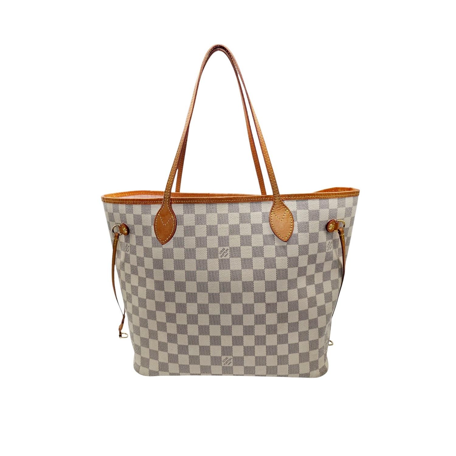 Indulge in luxury with the Louis Vuitton Neverfull Damier Azur MM tote. Crafted from fresh Damier Azur canvas and natural cowhide leather trim, this spacious yet sleek tote features versatile side laces and slim leather handles. The vibrant pink