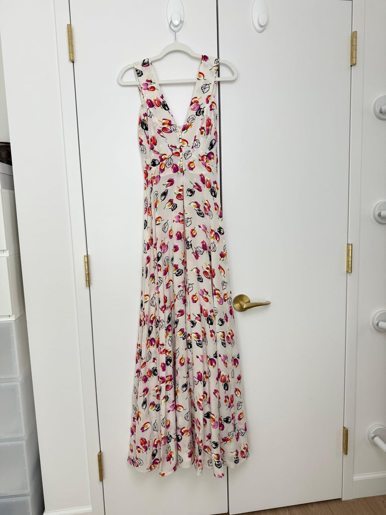 LOUIS VUITTON 2019 Silk Tulip Floral Print Gown w. Huge Front Slit Maxi  Dress For Sale at 1stDibs