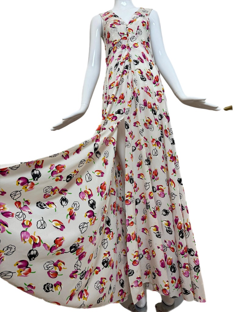 LOUIS VUITTON 2019 Silk Tulip Floral Print Gown w. Huge Front Slit Maxi  Dress For Sale at 1stDibs