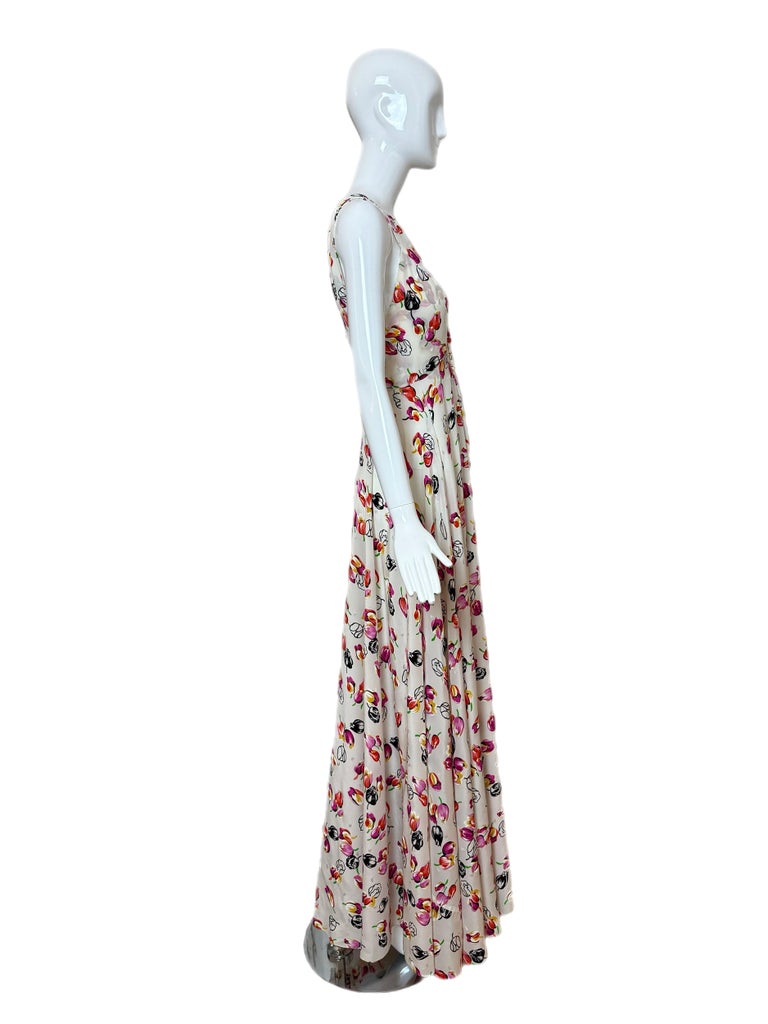 LOUIS VUITTON 2019 Silk Tulip Floral Print Gown w. Huge Front Slit Maxi  Dress For Sale at 1stDibs