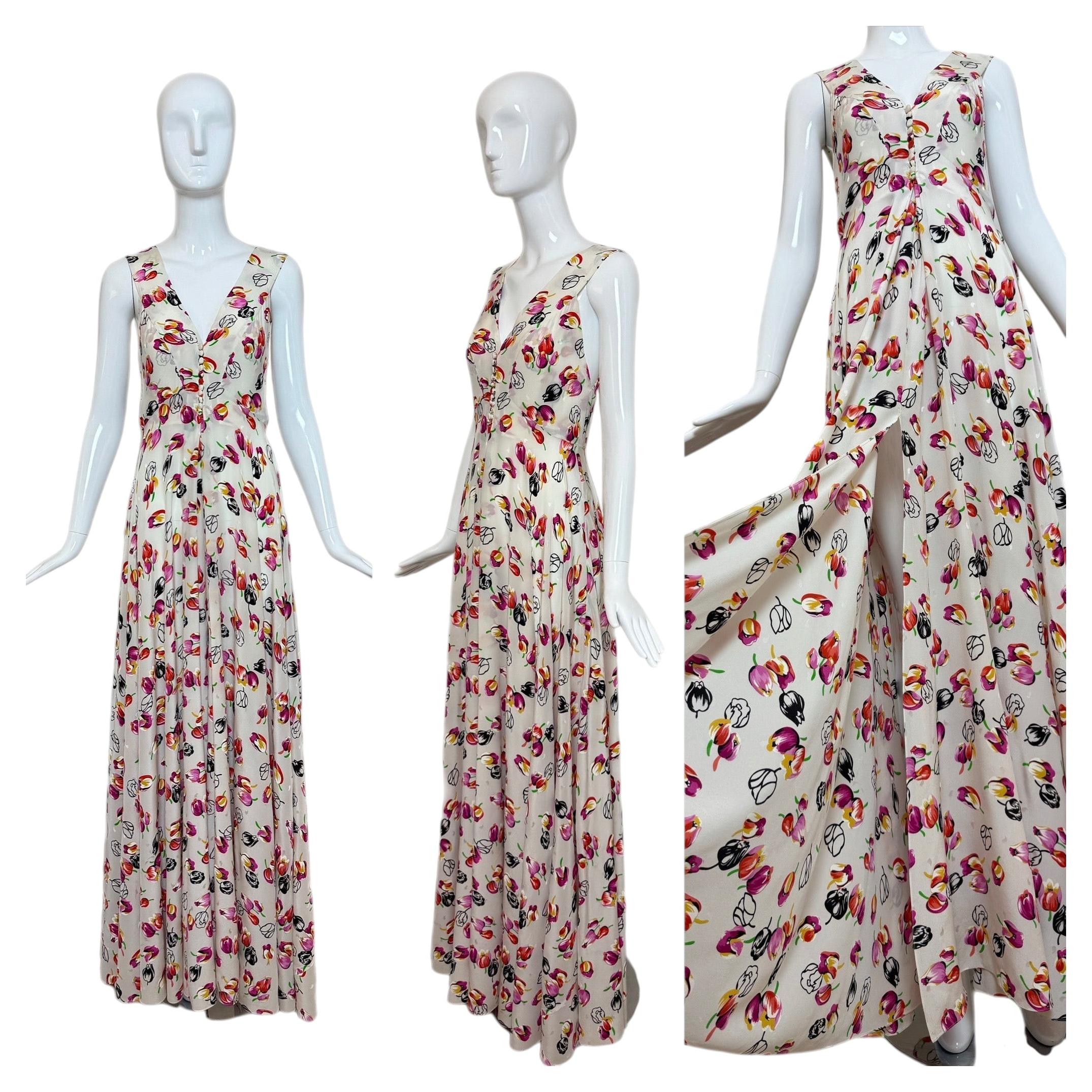 LOUIS VUITTON 2019 Silk Tulip Floral Print Gown w. Huge Front Slit Maxi Dress