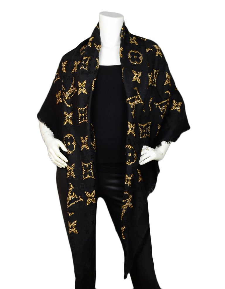 Louis Vuitton 2019 SOLD OUT Black Silk Wool Monogram Giant Jungle Shawl Scarf For Sale at 1stdibs