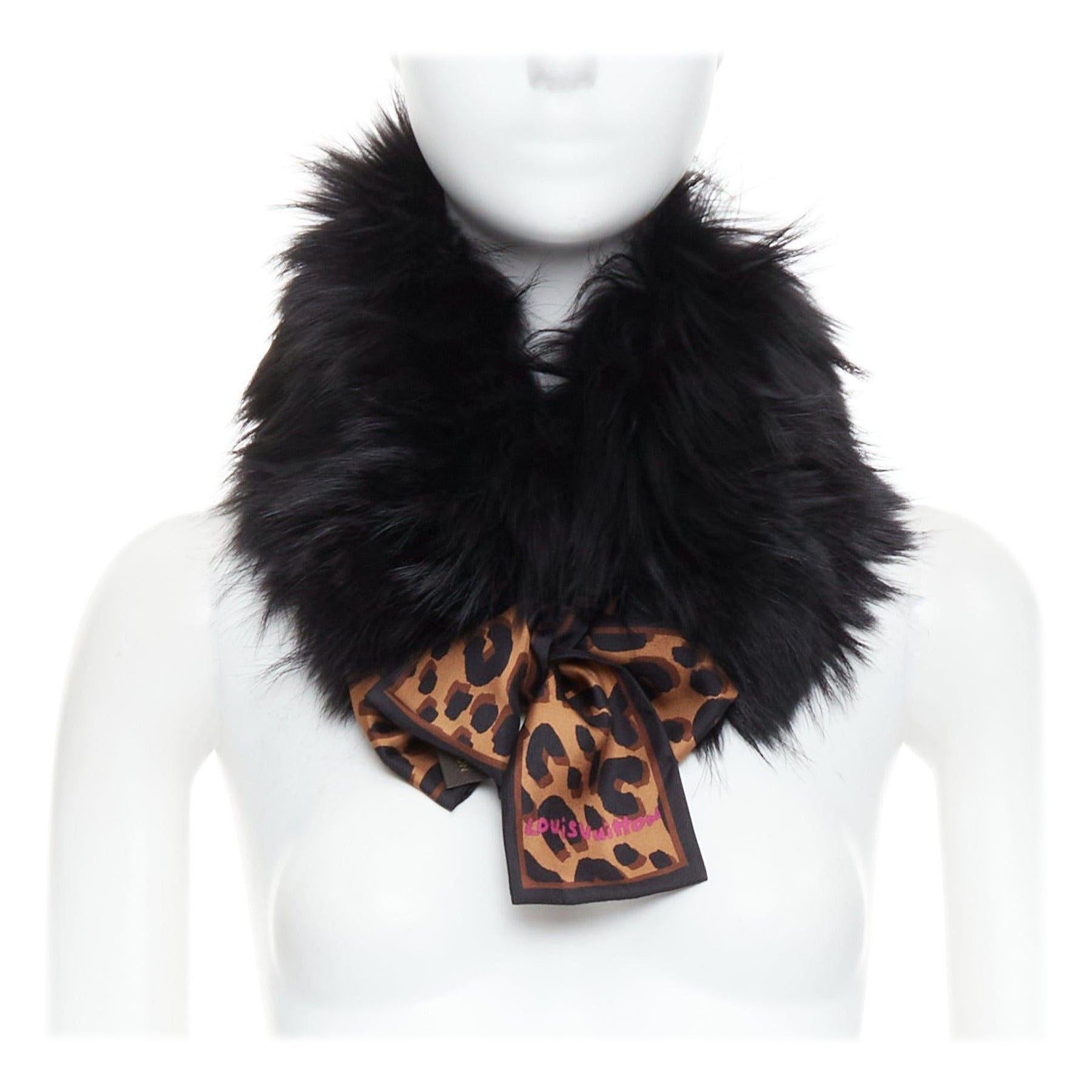 LOUIS VUITTON 2019 Stephen Sprouse black fur brown leopard graffiti collar scarf
