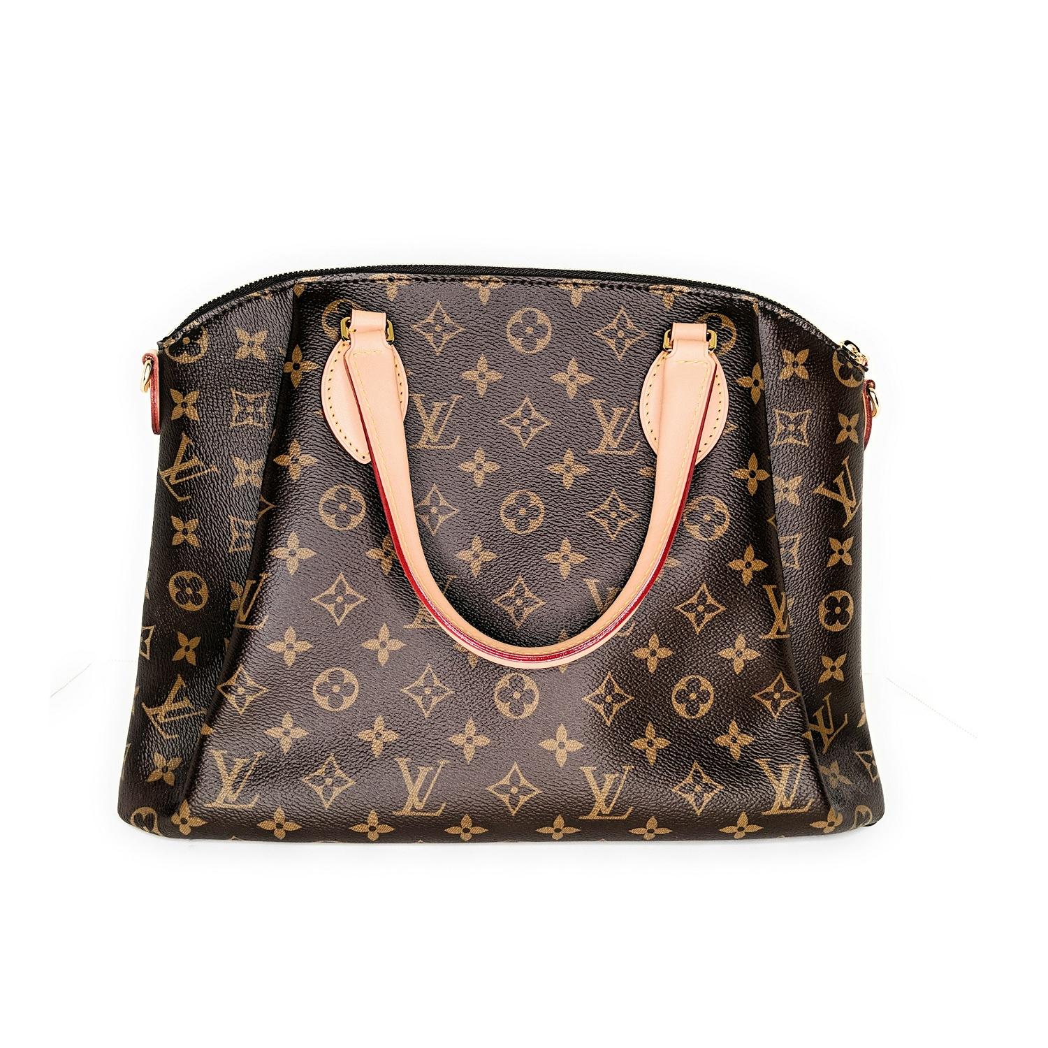 Braune und hellbraune Louis Vuitton Rivoli MM aus beschichtetem Canvas mit Monogramm:: Messingbeschlägen:: zwei gerollten Griffen:: abnehmbarem:: flachem Schulterriemen mit Schnallenverstellung:: hellbraunem Vachetta-Lederbesatz:: geprägter