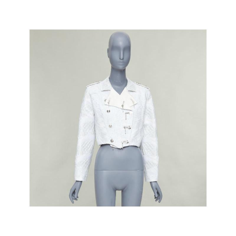 LOUIS VUITTON 2020 Runway veste motard cropped en soie brocardée ivoire FR36 S en vente 5