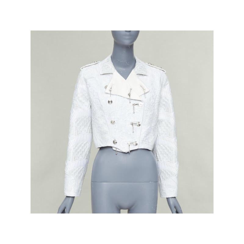 Gris LOUIS VUITTON 2020 Runway veste motard cropped en soie brocardée ivoire FR36 S en vente