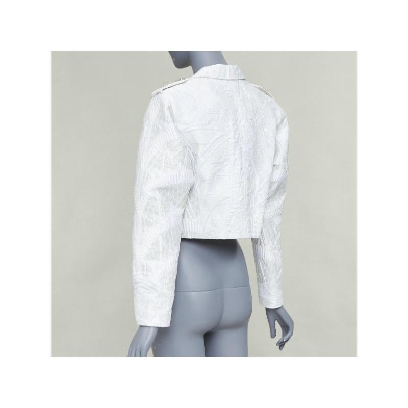 LOUIS VUITTON 2020 Runway veste motard cropped en soie brocardée ivoire FR36 S en vente 2
