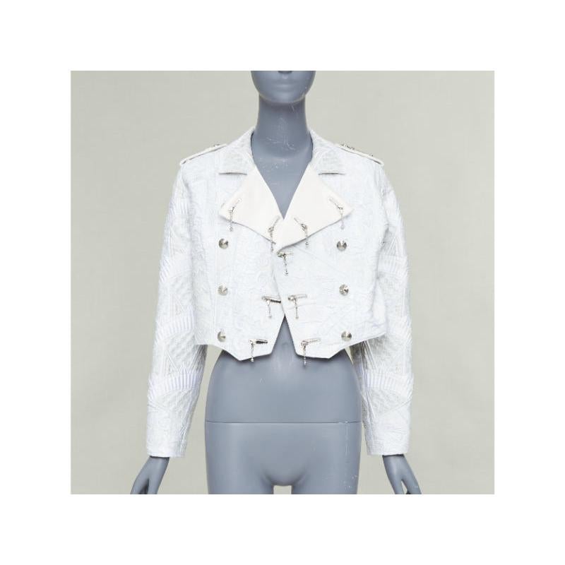 LOUIS VUITTON 2020 Runway ivory brocade silk cropped biker jacket FR36 S
