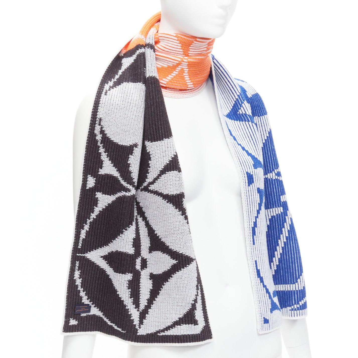 Gray LOUIS VUITTON 2022 M78005 orange blue LV logo flower colorblocked intarsia scarf For Sale