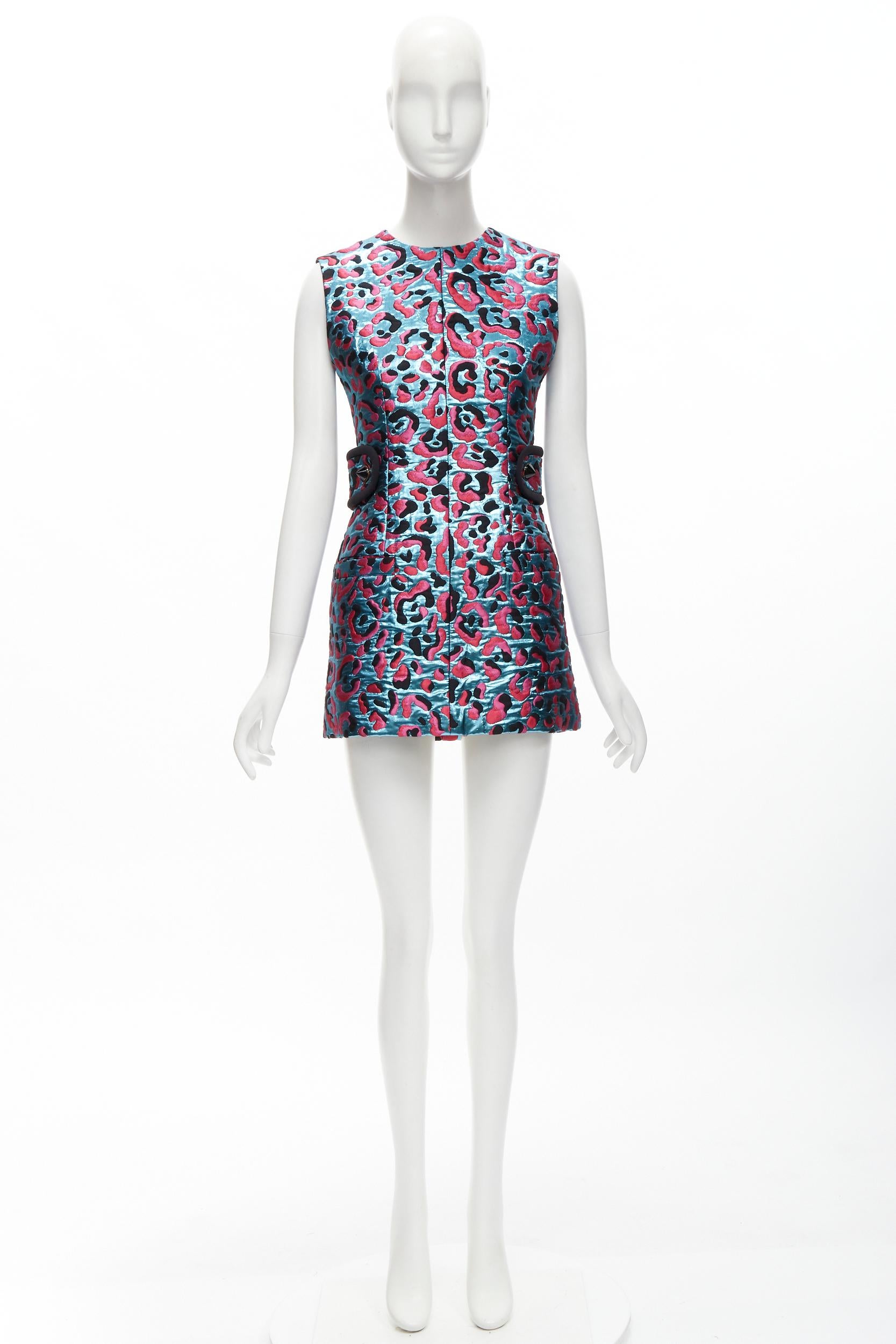 LOUIS VUITTON 2022 metallic blue pink leopard jacquard strap belt dress FR34 XS For Sale 5