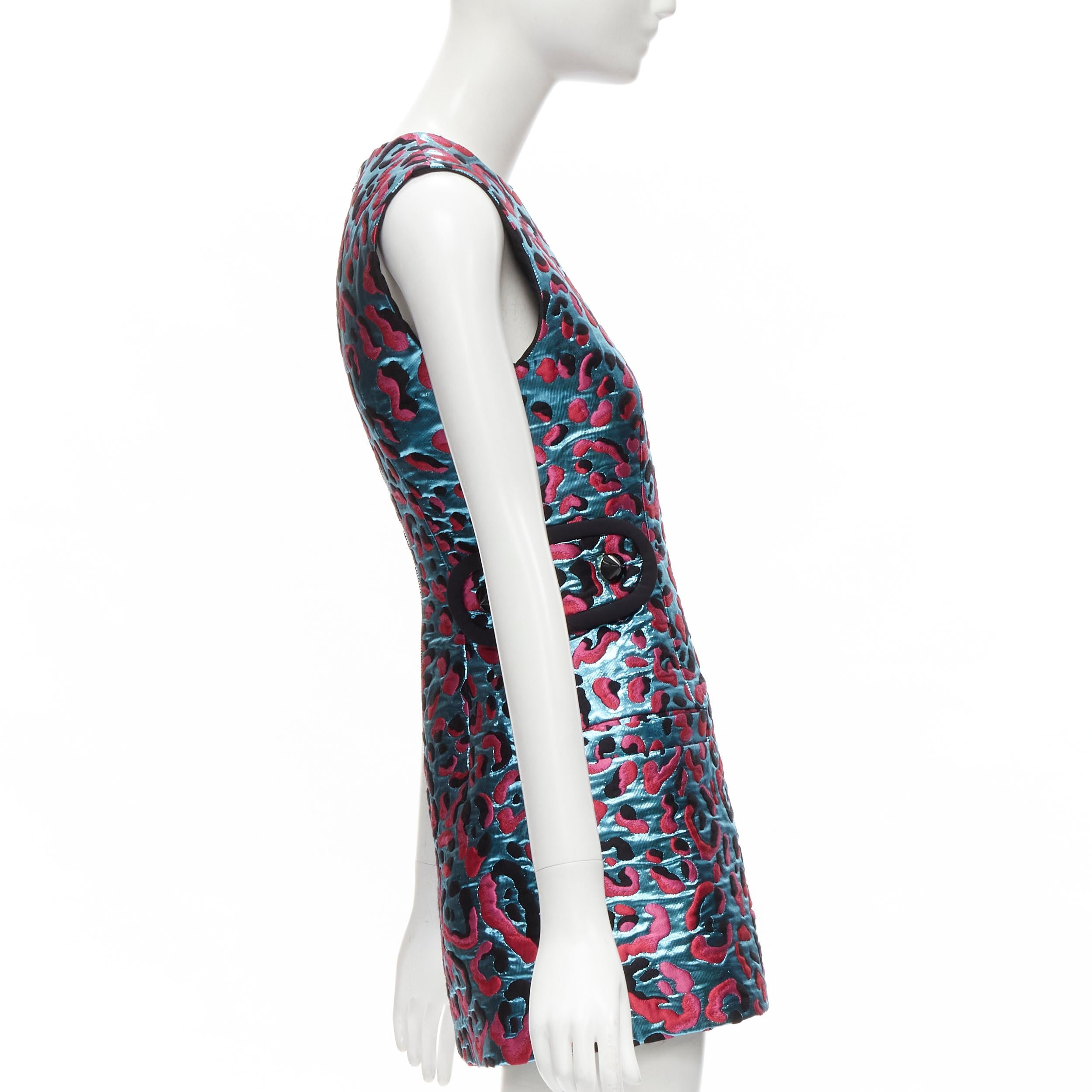LOUIS VUITTON 2022 metallic blue pink leopard jacquard strap belt dress FR34 XS In Excellent Condition For Sale In Hong Kong, NT