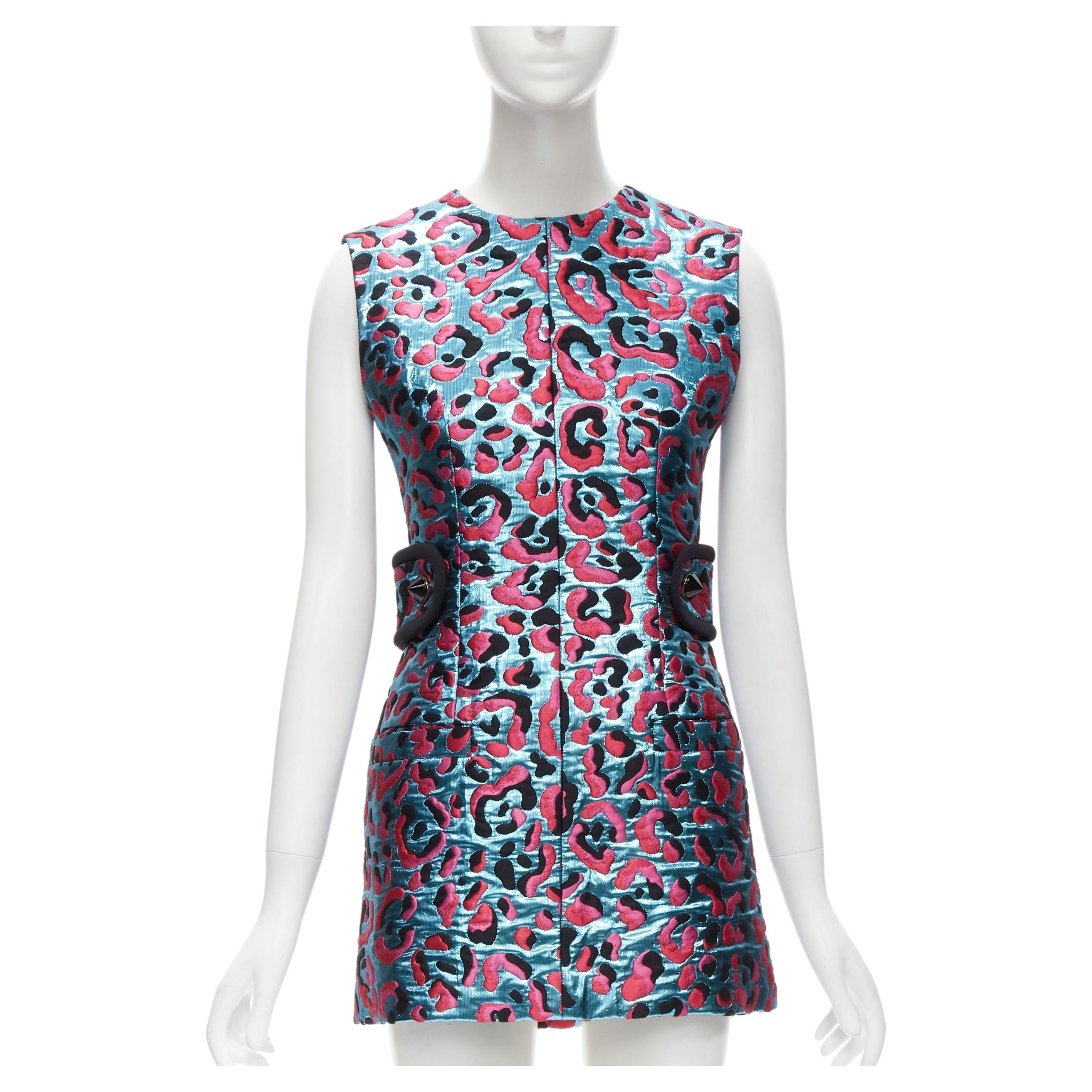 LOUIS VUITTON 2022 metallic blue pink leopard jacquard strap belt dress FR34 XS For Sale