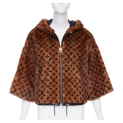 LOUIS VUITTON 2022 Monogram Mink Fur drawstring zip up hooded jacket FR34 XS