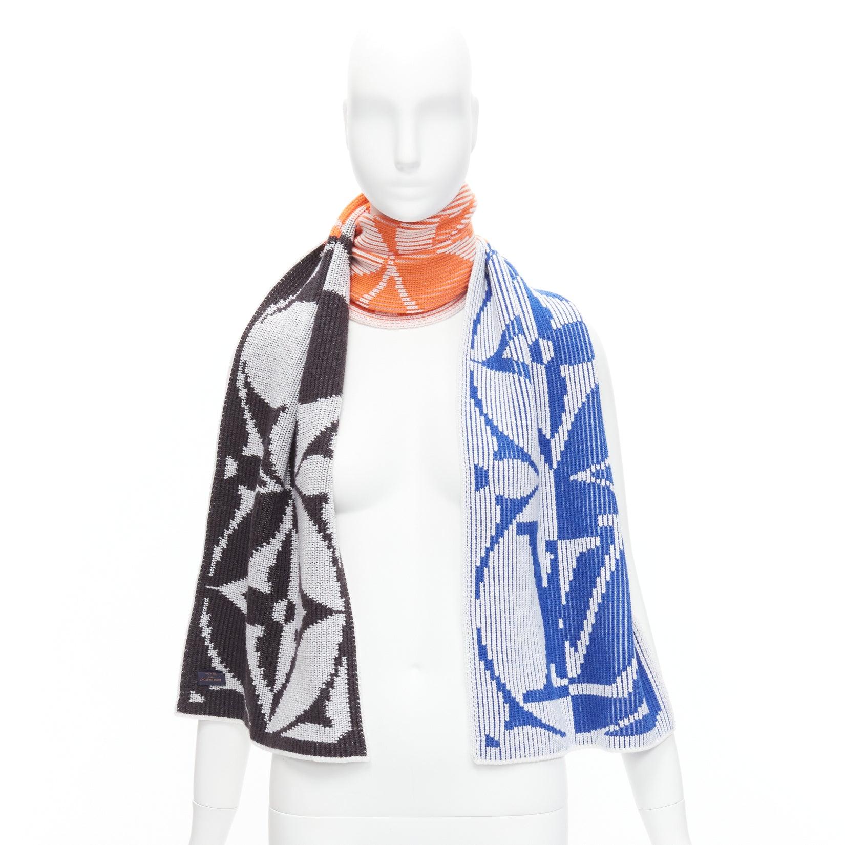 LOUIS VUITTON 2022 orange blue black LV flower colorblocked intarsia scarf For Sale 3