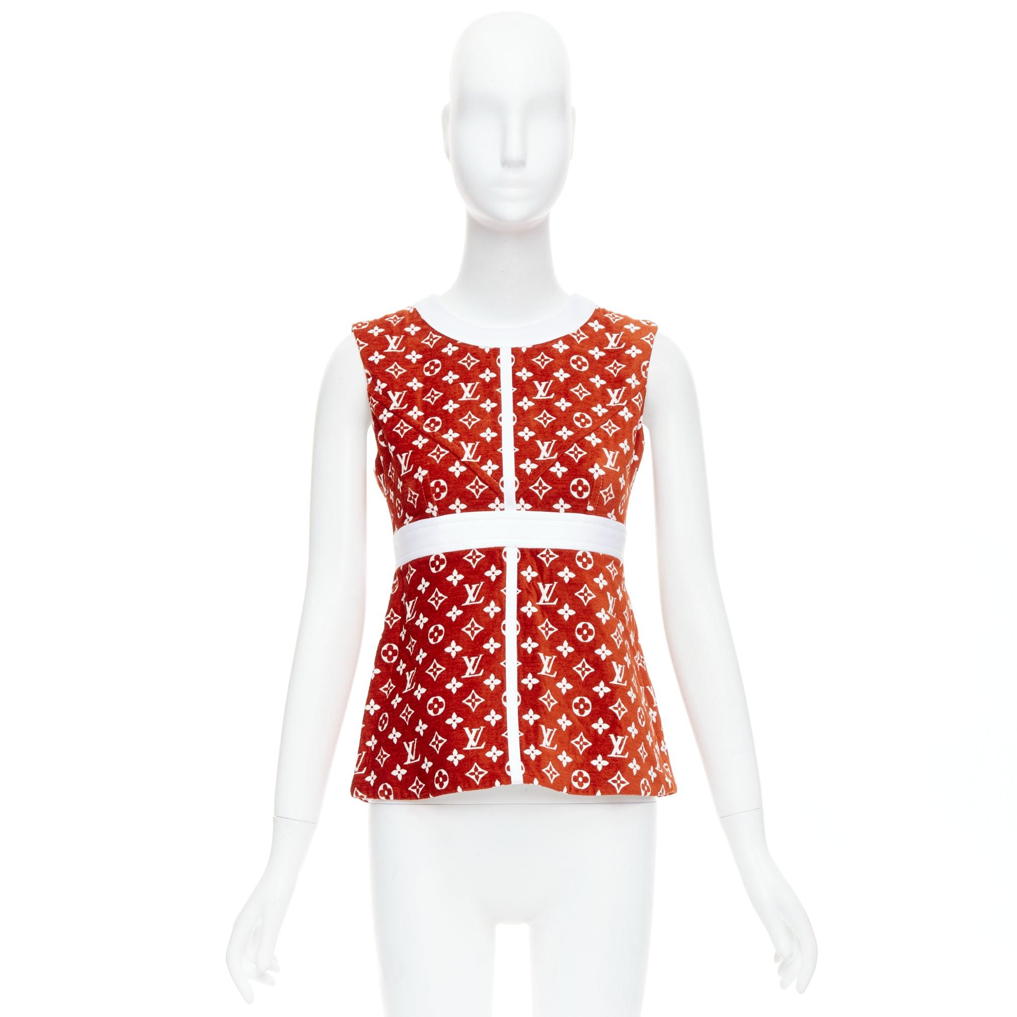 LOUIS VUITTON 2022 rot weiß LV Monogram gold Rücken Reißverschluss Schößchen Top FR34 XS im Angebot 4