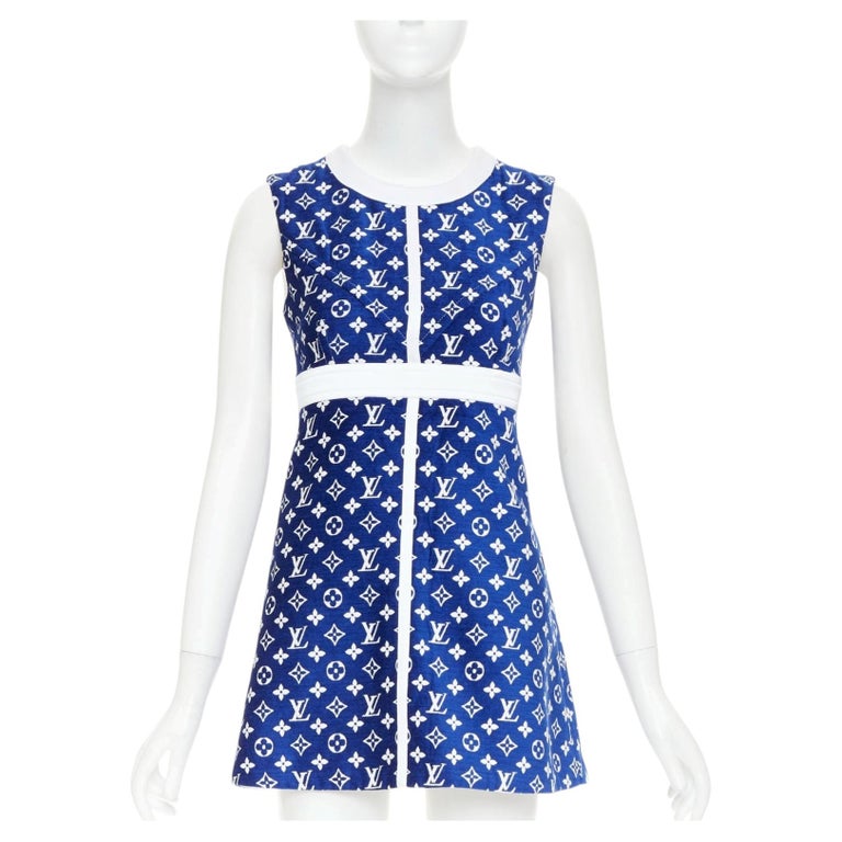 LOUIS VUITTON 2022 RW222W Blue France Monogram jacquard knit A line dress FR36 S For Sale at 1stDibs
