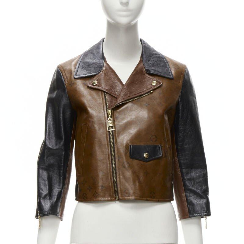 Black LOUIS VUITTON 2022 Tattoo Monogram cropped calfskin leather biker jacket FR43 XS For Sale