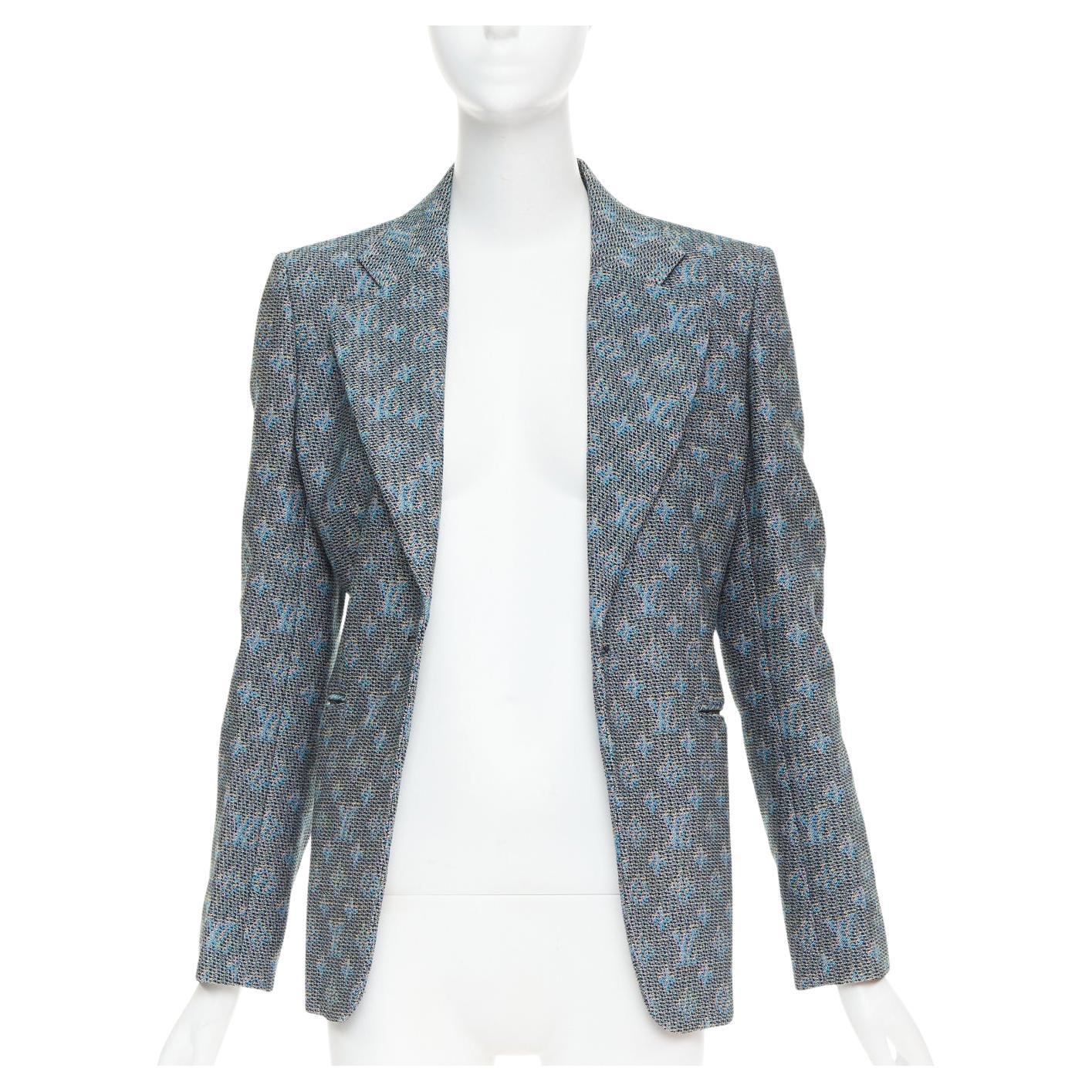 LOUIS VUITTON 2023 blue grey monogram wool jacquard single breasted blazer FR38