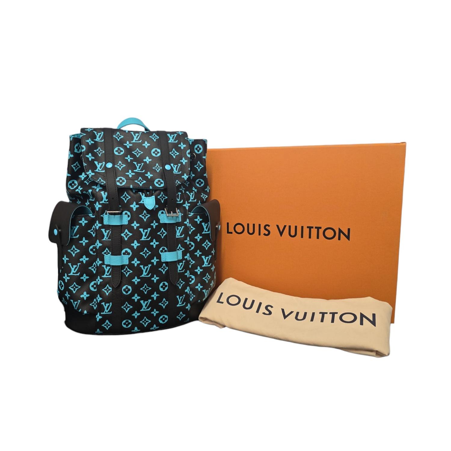 The Christopher MM backpack is made from Monogram Playground coated canvas, with the Monogram pattern printed in a near-neon contrasting color. The treatment gives the Monogram an almost 3-D aspect. Evocative of the hiking pack, the rugged