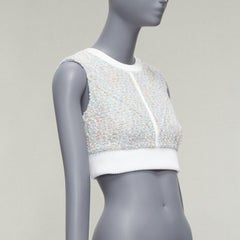 LOUIS VUITTON 2023 Runway pastel white boucle tweed crew crop top FR34 XS