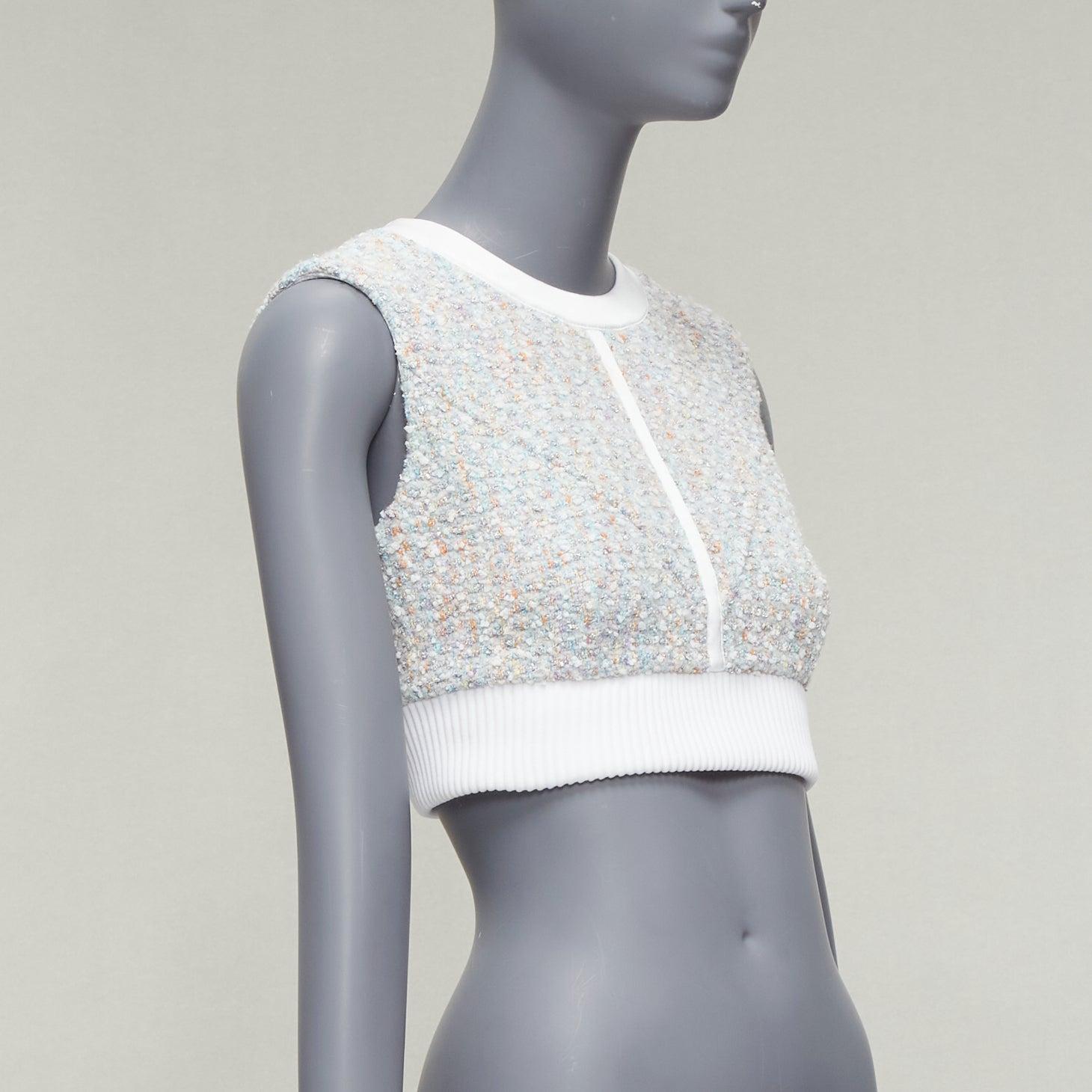 Gray LOUIS VUITTON 2023 Runway pastel white boucle tweed crew crop top FR34 XS For Sale
