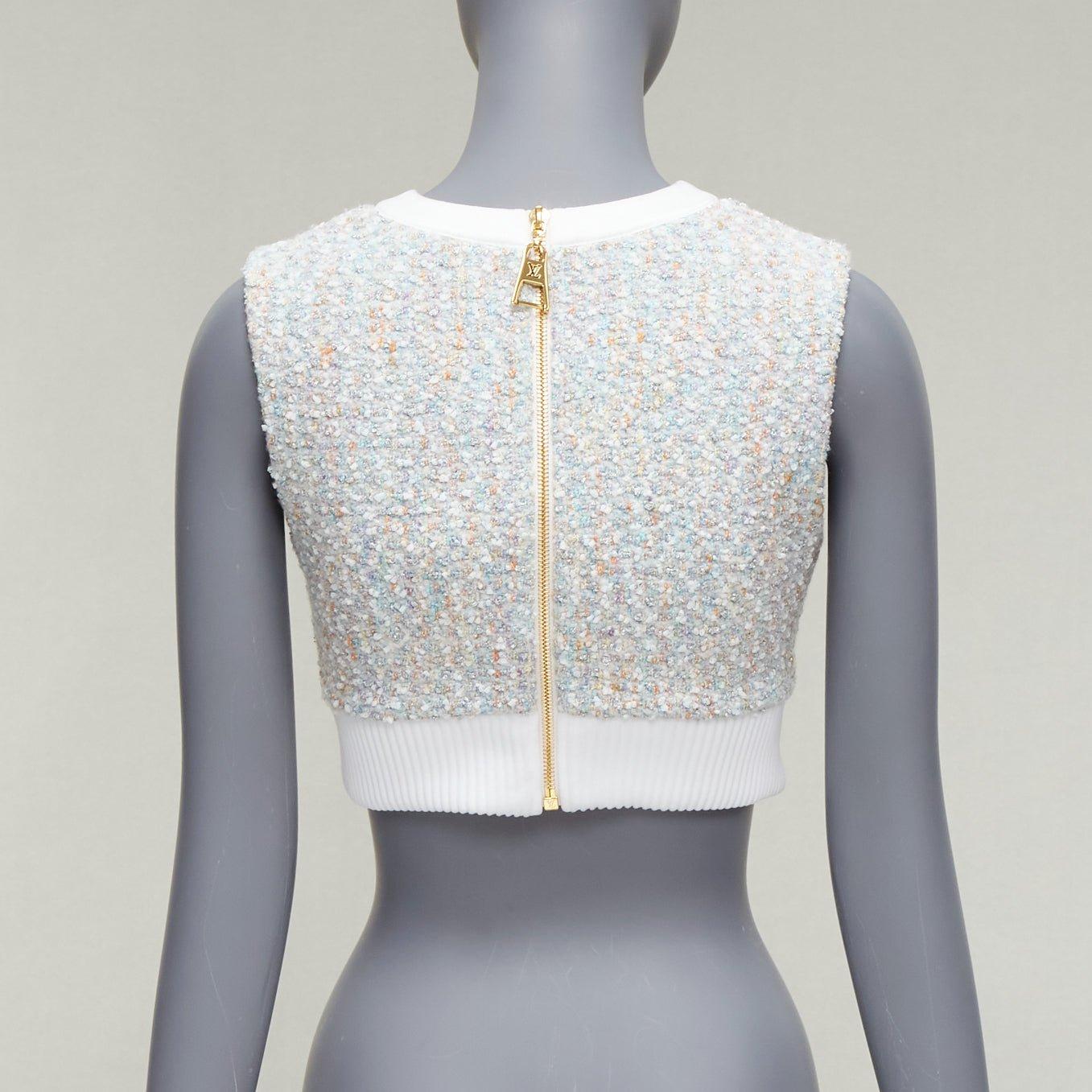 Women's LOUIS VUITTON 2023 Runway pastel white boucle tweed crew crop top FR34 XS For Sale