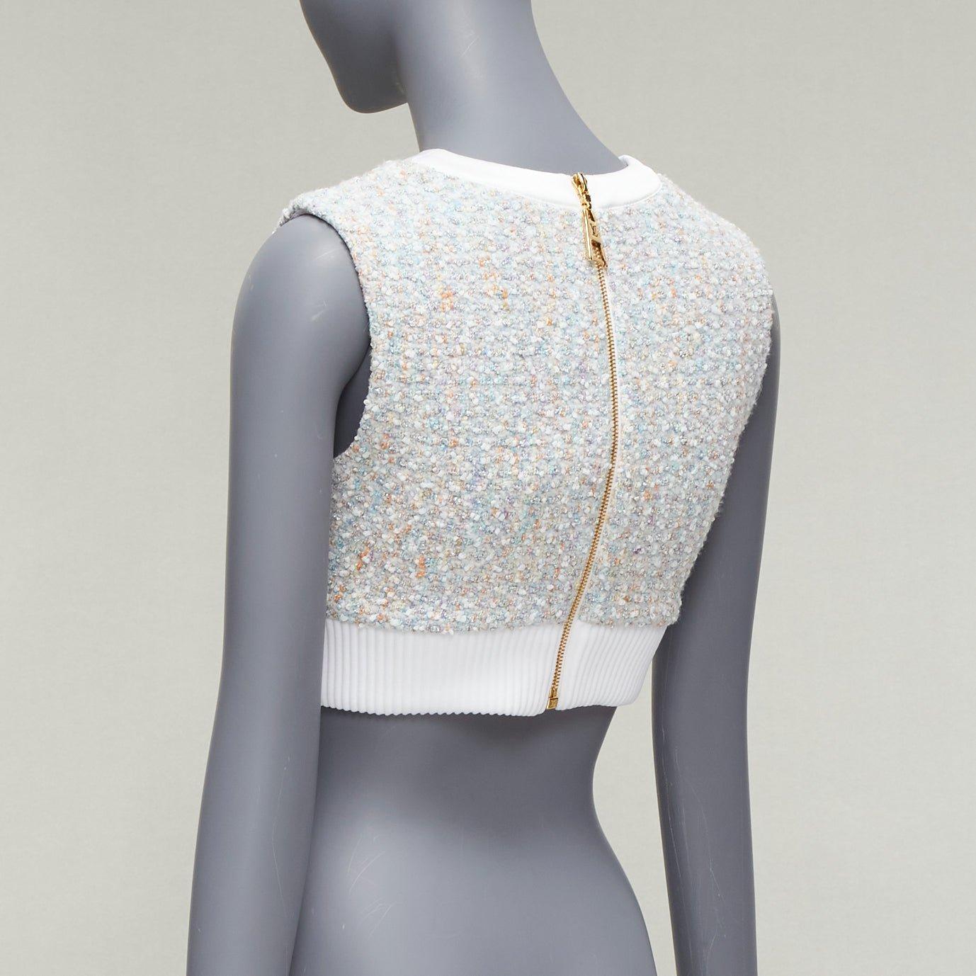LOUIS VUITTON 2023 Runway pastel white boucle tweed crew crop top FR34 XS For Sale 1