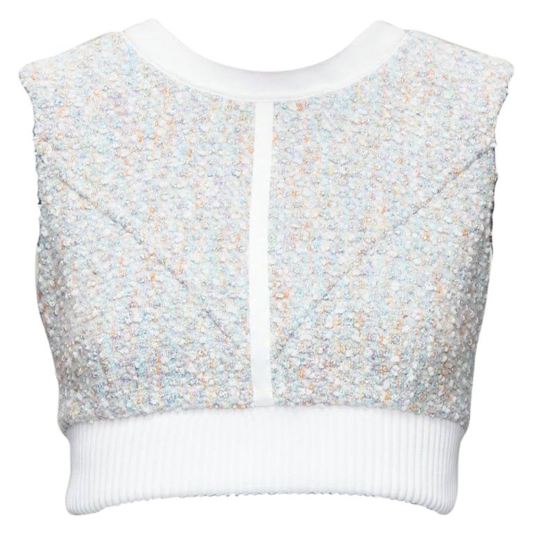 LOUIS VUITTON 2023 Runway pastel white boucle tweed crew crop top FR34 XS