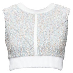 LOUIS VUITTON 2023 Runway pastel white boucle tweed crew crop top FR34 XS