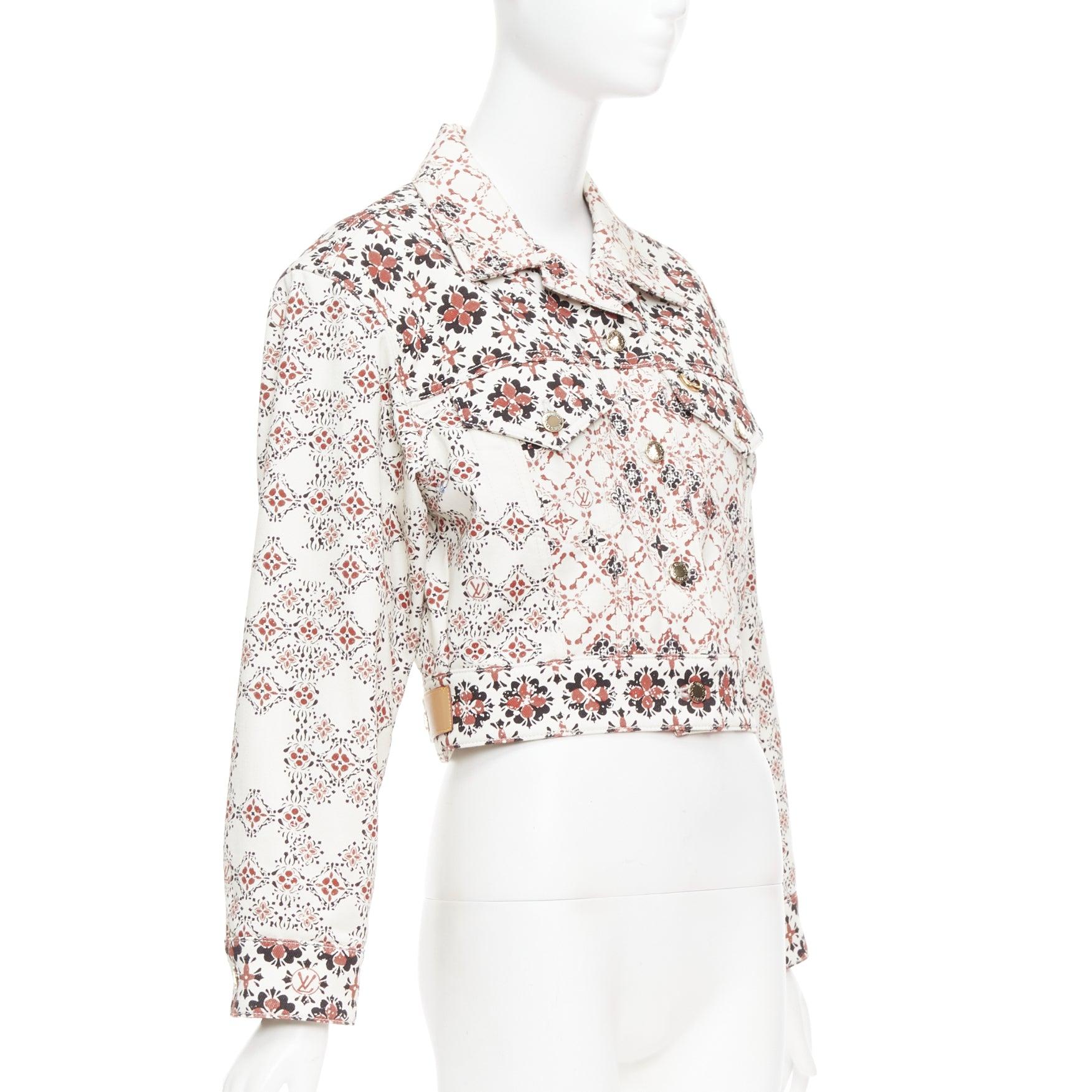 White LOUIS VUITTON 2023 Vintage Monogram cream red floral denim crop jacket FR34 XS For Sale