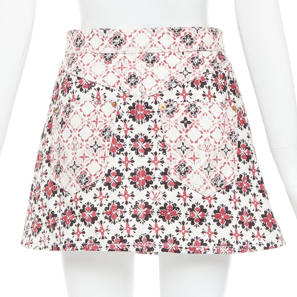 LOUIS VUITTON 2023 Vintage Monogramme rouge crème imprimé floral Jupe à fermeture éclair FR34 Pour femmes en vente