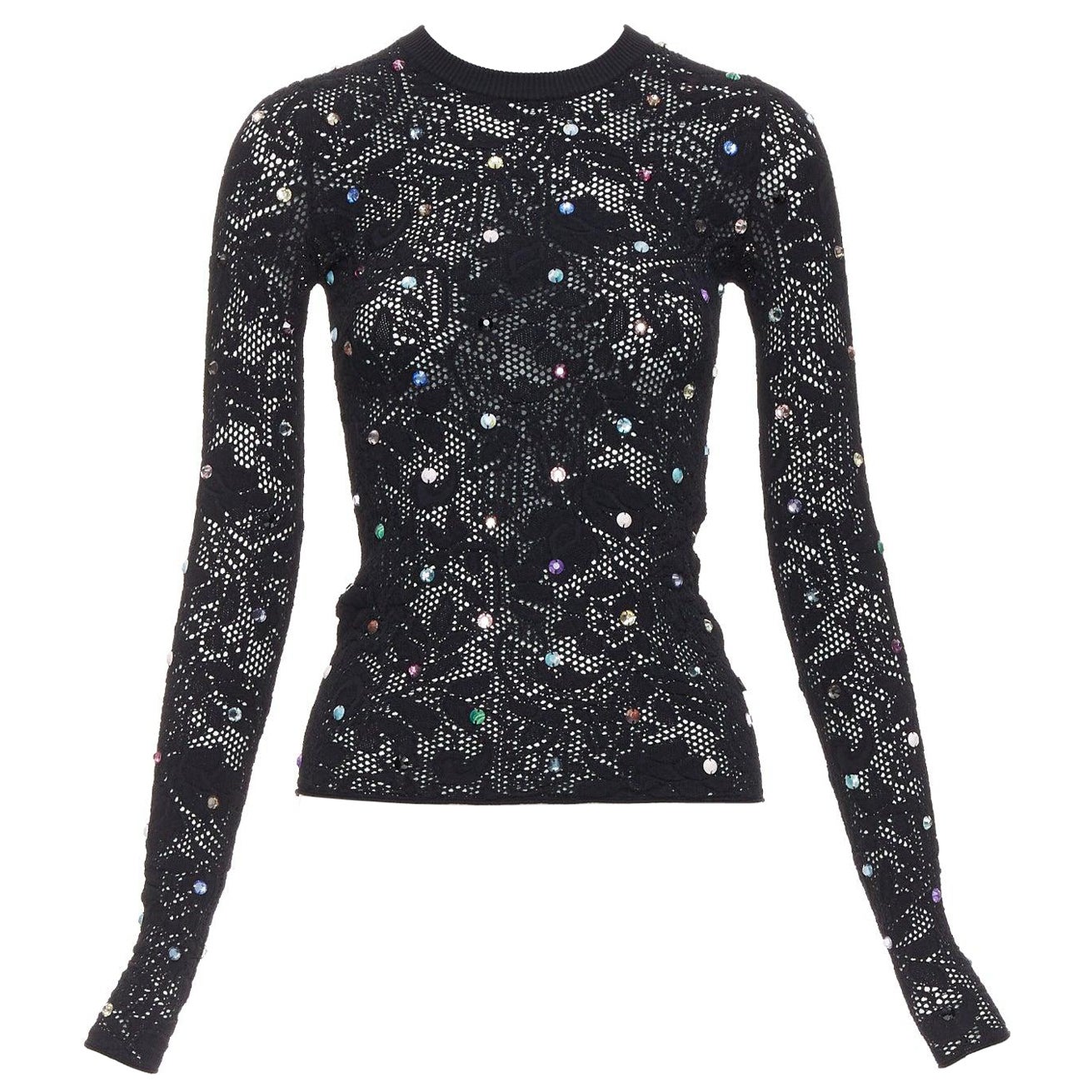 LOUIS VUITTON 2024 black multiclor jewel floral lace pullover S For Sale