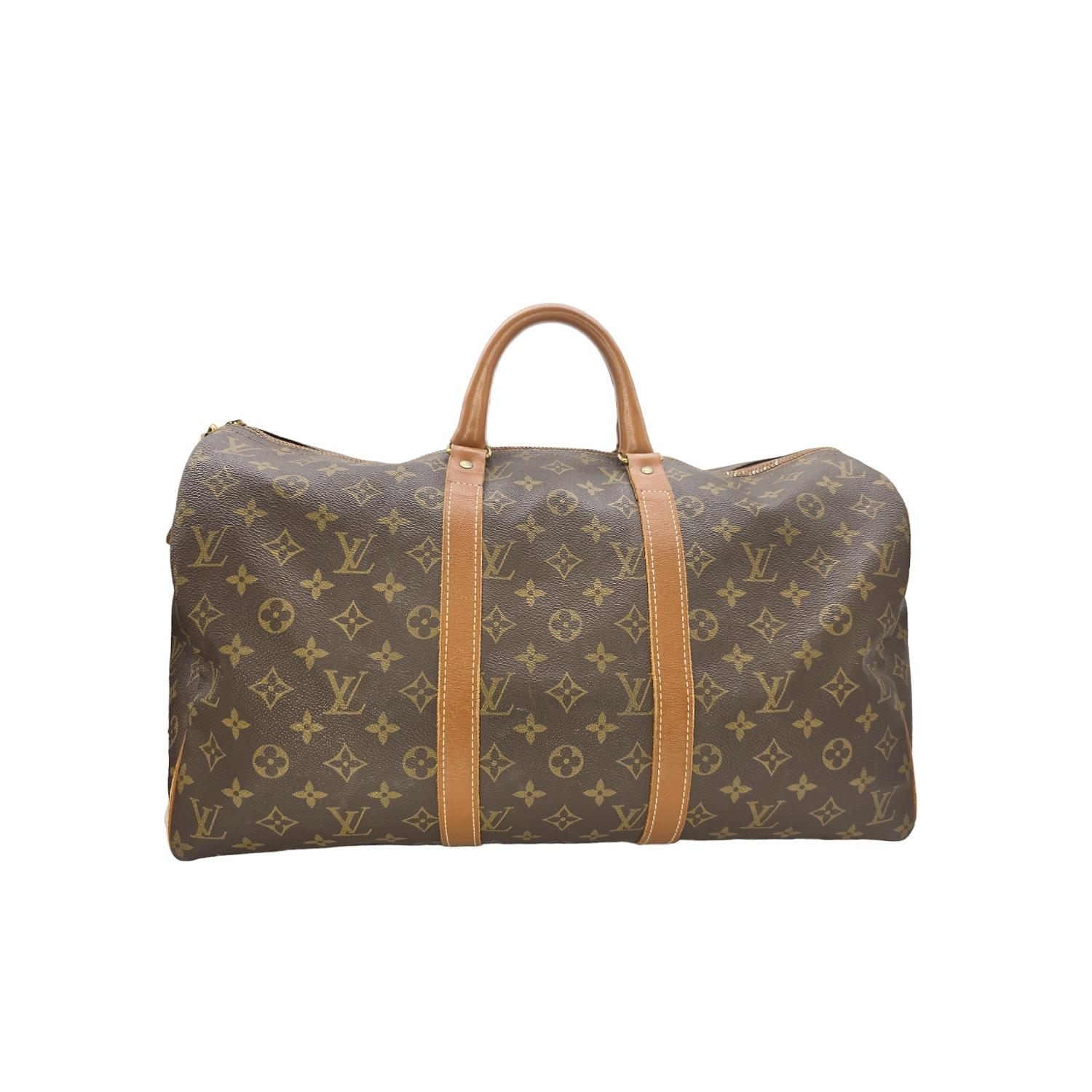 The Louis Vuitton Monogram Keepall 45 Bag, designed by the French Company in the 70s, exudes vintage charm. Made with high-quality monogram canvas and leather trim and accented with golden brass hardware, this bag is both stylish and durable. The