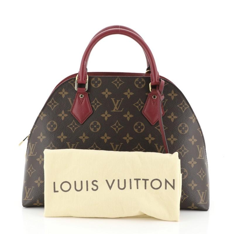 This Louis Vuitton Alma BNB Handbag Monogram Canvas, crafted from brown monogram coated canvas, features dual rolled leather handles, two side exterior compartments, and gold-tone hardware. Its two-way zip closure opens to a purple microfiber